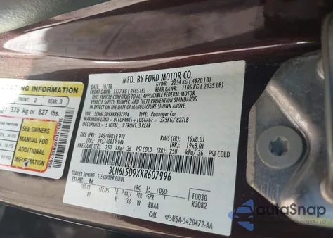 2019 Lincoln Mkz Reserve I из США, поврежденный, VIN 3LN6L5D9XKR607996